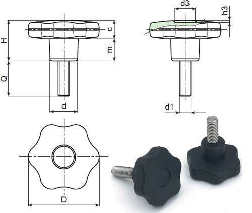 6-lappen handrad Gewindestift Rostfrei