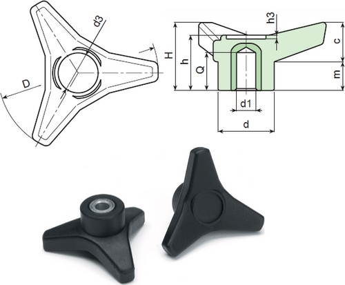 3-lappen Handrad mit Gewindbuchse mit Glattem Loch