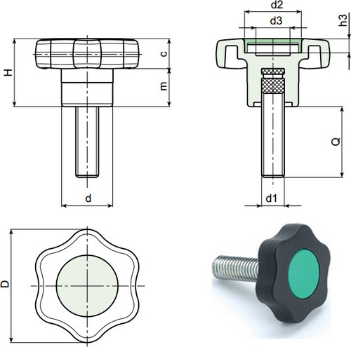 Handrad mit 6-lappen stopfen und Gewindestift