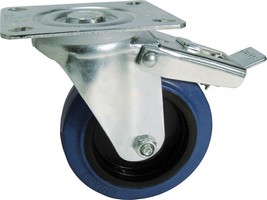 Industrierollen - Rad: Gummi, blau, mit drehbarer Platte und Bremse, Radmitte: Kunststoff